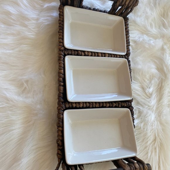 Brown Wicker Woven Condiments Serving Tray w/ 3 Fitted White Dishes NWOT - Picture 12 of 13